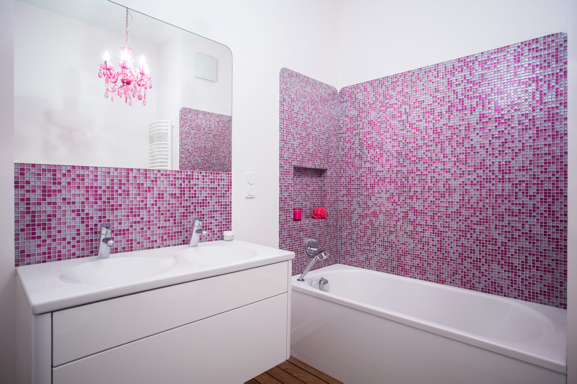 Rose tiles on the wall in luxury bathroom