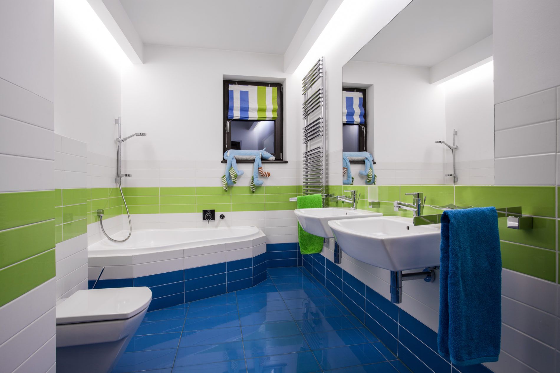 Horizontal view of modern colorful bathroom interior